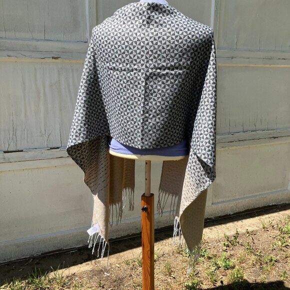 Cleo Shawl Wrap Long Scarf with Fringe Ends Beige Grey Woven Polyester 20x72" - Picture 3 of 6